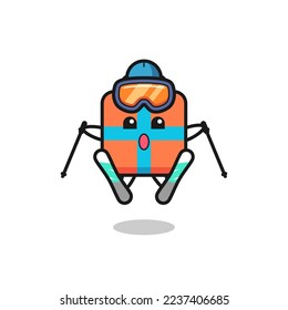 gift box mascot character as a ski player , cute style design for t shirt, sticker, logo element