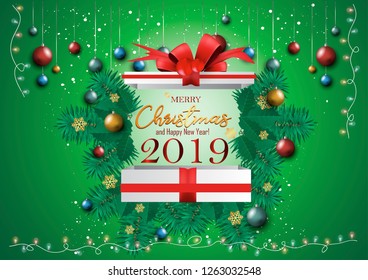 Gift Box - Merry Christmas and Happy new year  2019  text - Elegant Christmas Background,Light bulb, Ball, snow.