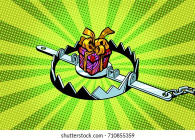 Gift box in a metal trap. Pop art retro vector illustration