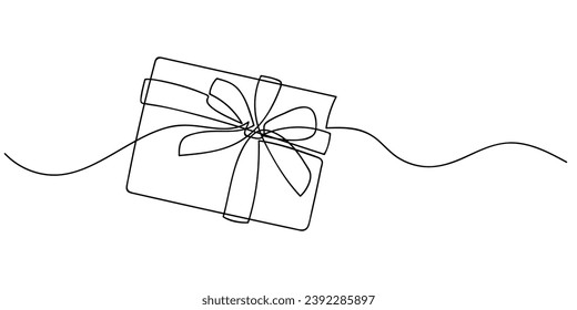 gift box minimalism one line style vector illustration. Continuous line drawing . Black contour isolated holiday, birthday, anniversary symbol for poster, card, invitation, social media design. 