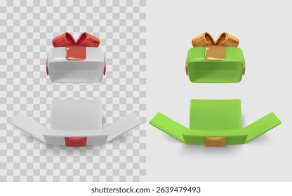 Gift Box Mockup Set with Open and Closed Lid, Realistic 3D Render in Festive Colors with Ribbon, Perfect for Holidays and Celebrations. Vector Illustration.