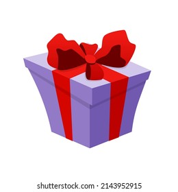 Caja de regalo - diseño plano moderno icono aislado único. Imagen detallada del presente. Cinta roja y arco, embalaje púrpura. Sorpresa adentro. Abre para averiguarlo. Idea festiva y de humor feliz.