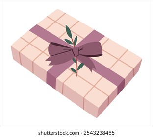 Gift box in modern packaging with purple ribbon and branch on white background
