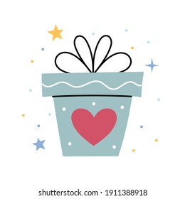 Gift box in a modern style. Hand drawing. Valentine's Day gift. Surprise for a loved one. Stylish picture in flat style for print.