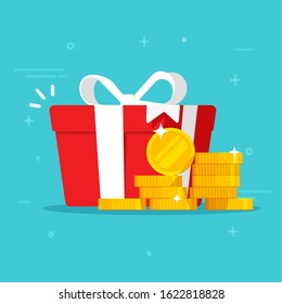 Gift box with money win present or cash happy present vector illustration flat cartoon, idea of online award or bonus achievement as giveaway isolated 