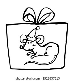 Gift box with mouse/rat. Hand drawn New Year and Xmas present. Doodle vector illustration for greeting cards, posters, stickers and seasonal design. Isolated on white background