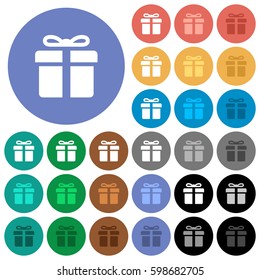 Gift box multi colored flat icons on round backgrounds. Included white, light and dark icon variations for hover and active status effects, and bonus shades on black backgounds.