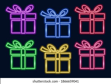 Gift box in neon design. Neon sign. Luminous line in different colors.