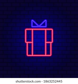Gift box neon icon. Glowing Christmas winter holiday icon sign
