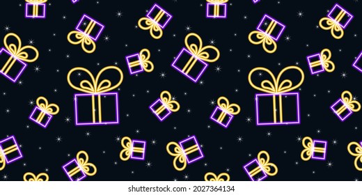 Gift box neon seamless pattern. Jewish New Year background. Holiday concept.