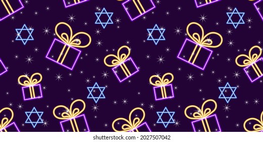 Gift box neon seamless pattern. Jewish New Year background. Holiday concept.