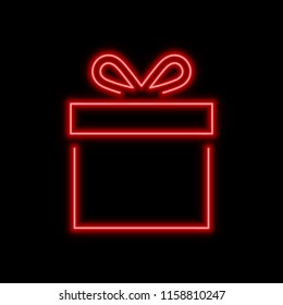Gift box neon sign. Bright glowing symbol on a black background. Neon style icon. 
