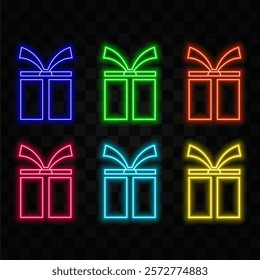 Gift box neon sign. Bright glowing symbol on a black background.