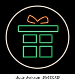 Señal de neón de caja de regalo, diseño moderno de pancartas brillantes, tendencia colorida del diseño moderno sobre fondo negro. Ilustración vectorial.