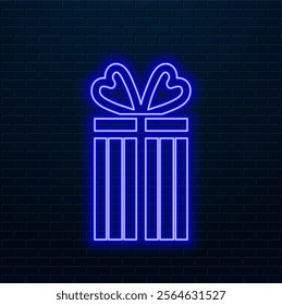 Gift box neon sign. Present, carton wrap, tag, ribbon, bow, ornament. Vector illustration in neon style for topics like surprise holiday, shopping