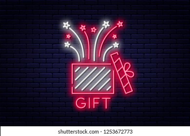 Gift box, neon sign. Reward or bonus concept, prize or surprise. Gift and firework, neon style sign board. Vector