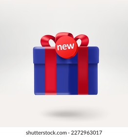 Gift box with a new message label. 3d vector icon isolated on white background