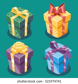 Gift Box New Year and Cartoon Flat Design Icon Set Template Vector Illustration