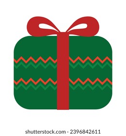 Gift box with Norwegian national holiday pattern in red and green colors. Bow tied gift box in handmade knitted ornate style. Simple flat vector isolated on white background