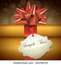 Gift box with note card on red bow and ribbon, old-style vector