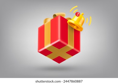 Geschenkbox und Benachrichtigungsglocke. 3D-Vektorillustration