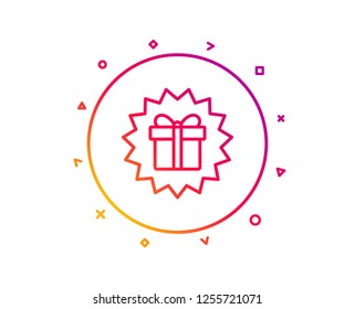Gift box offer line icon. Present or Sale sign. Birthday Shopping symbol. Package in Gift Wrap. Gradient pattern line button. Surprise gift icon design. Geometric shapes. Vector