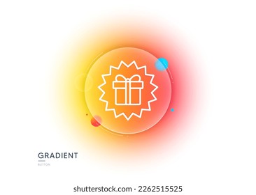 Icono de línea de oferta de la caja de regalo. Botón de desenfoque degradado con gafas. Señal de venta o presente. Símbolo de compras de cumpleaños. Paquete en el ajuste de regalo. Diseño de vidrio transparente. Icono de línea de regalo sorpresa. Vector