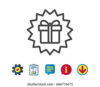 Gift box offer line icon. Present or Sale sign. Birthday Shopping symbol. Package in Gift Wrap. Report, Service and Information line signs. Download, Speech bubble icons. Editable stroke. Vector