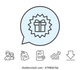 Gift box offer line icon. Present or Sale sign. Birthday Shopping symbol. Package in Gift Wrap. Report, Sale Coupons and Chart line signs. Download, Group icons. Editable stroke. Vector