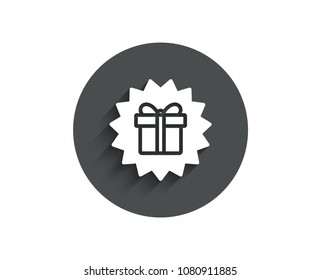 Gift box offer simple icon. Present or Sale sign. Birthday Shopping symbol. Package in Gift Wrap. Circle flat button with shadow. Vector