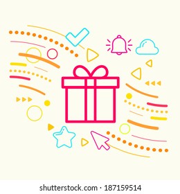 Gift box on abstract colorful geometric light background with different icon and elements. Flat design for the web, print, banner, advertising.
