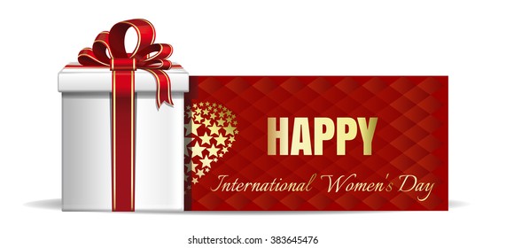 Gift box on the background of a greeting card. Happy International Women's Day. Women's Day card. Vector banner