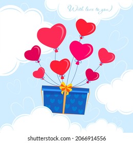 Gift box on balls. Heart shaped balloons. Valentine's Day gift. Postcards, covers, materials for the Internet for the holiday of St. Valentine. Vector illustration of happiness and love