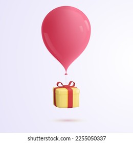 Gift box on a big pink balloon. Vector 3d illustration.