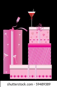 gift box on black background and wine glass