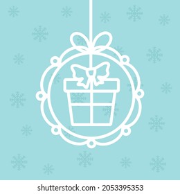 Gift Box on blue background, Christmas tree toy icon, silhouette decorations . Openwork toy. Template for wood carving, laser cutting and plotter. Postcard for Christmas, New Year. Vector illustration