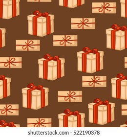 Gift box on brown background seamless pattern. Vector illustration.
