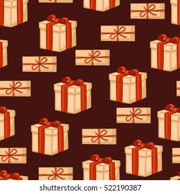 Gift box on brown background seamless pattern. Vector illustration.