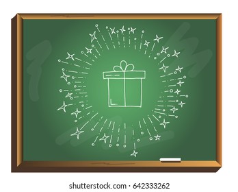 Gift box on chalkboard. surprise concept. Vector line style logo gift box with a firework. illustration of gift box, greeting, surprise.