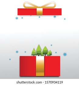 A gift box on the Christmas background with snowflakes and trees concept for Christmas Holiday and new year.