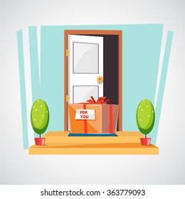 Gift Box On The Floor Of Entry Of The House. Surprise Or Delivery Concept - Vector Illustration