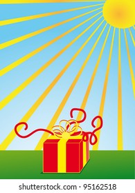 Gift box on green grass under sun