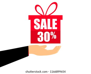 Gift box on the hand with a 30 percent discount, flat style. Special offer holiday. Coupon for sale. Vector illustration