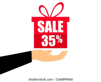 Gift box on the hand with a 35 percent discount, flat style. Special offer holiday. Coupon for sale. Vector illustration