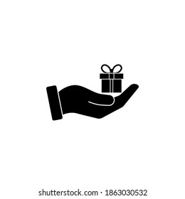 Geschenkbox auf der Hand Symbol, Vektorgrafik auf weißem Hintergrund.