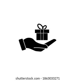 Geschenkbox auf der Hand Symbol, Vektorgrafik auf weißem Hintergrund.