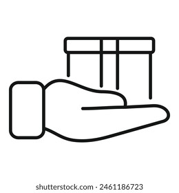 Caja de regalo en la mano icono contorno Vector. Paquete con cinta. Regalo decorativo