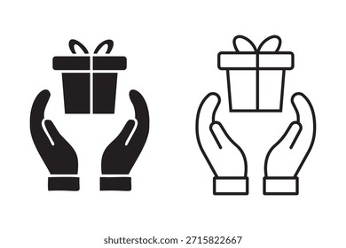 Gift box on hand icon vector. Hand with gift icon vector symbol. Silhouette of outline giftbox and hand design for app, logo, web and more. Vector illustration.