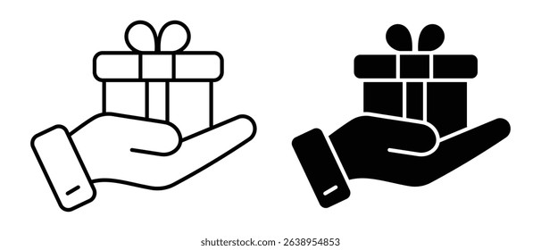 Gift box on hand showing concept icon of giving gift, line and solid style pictogram isolated. Gift box vector illustration. 