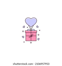 Gift box on heart shaped parachute color line icon on white background. Giftbox vector symbol for wedding, marriage, engagement, Valentine's Day celebration in thin linear design.